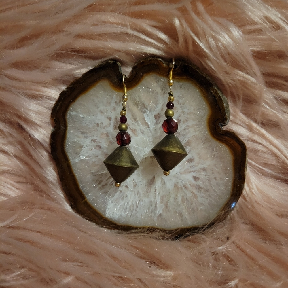 Vintage African silver bicone & Red Garnet Dangling earrings 